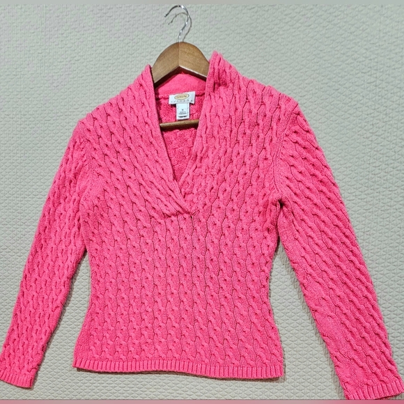 Talbots Vibrant Pink Cotton V-Neck Cable Knit Cardigan Sweater Size M - Picture 2 of 4